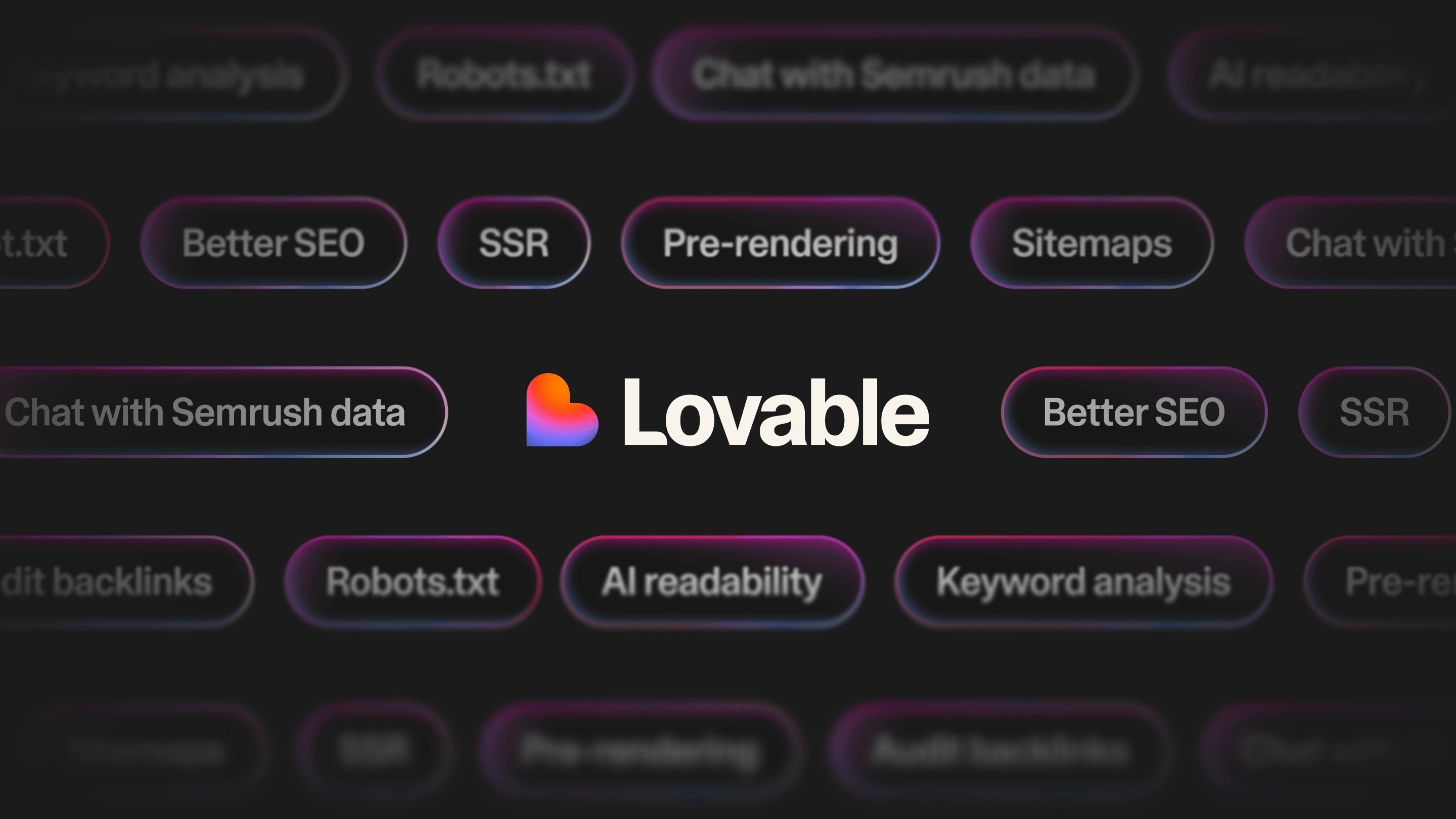 Промо-обложка Lovable: AI-поиск и SEO для приложений, собранных в no-code-конструкторе